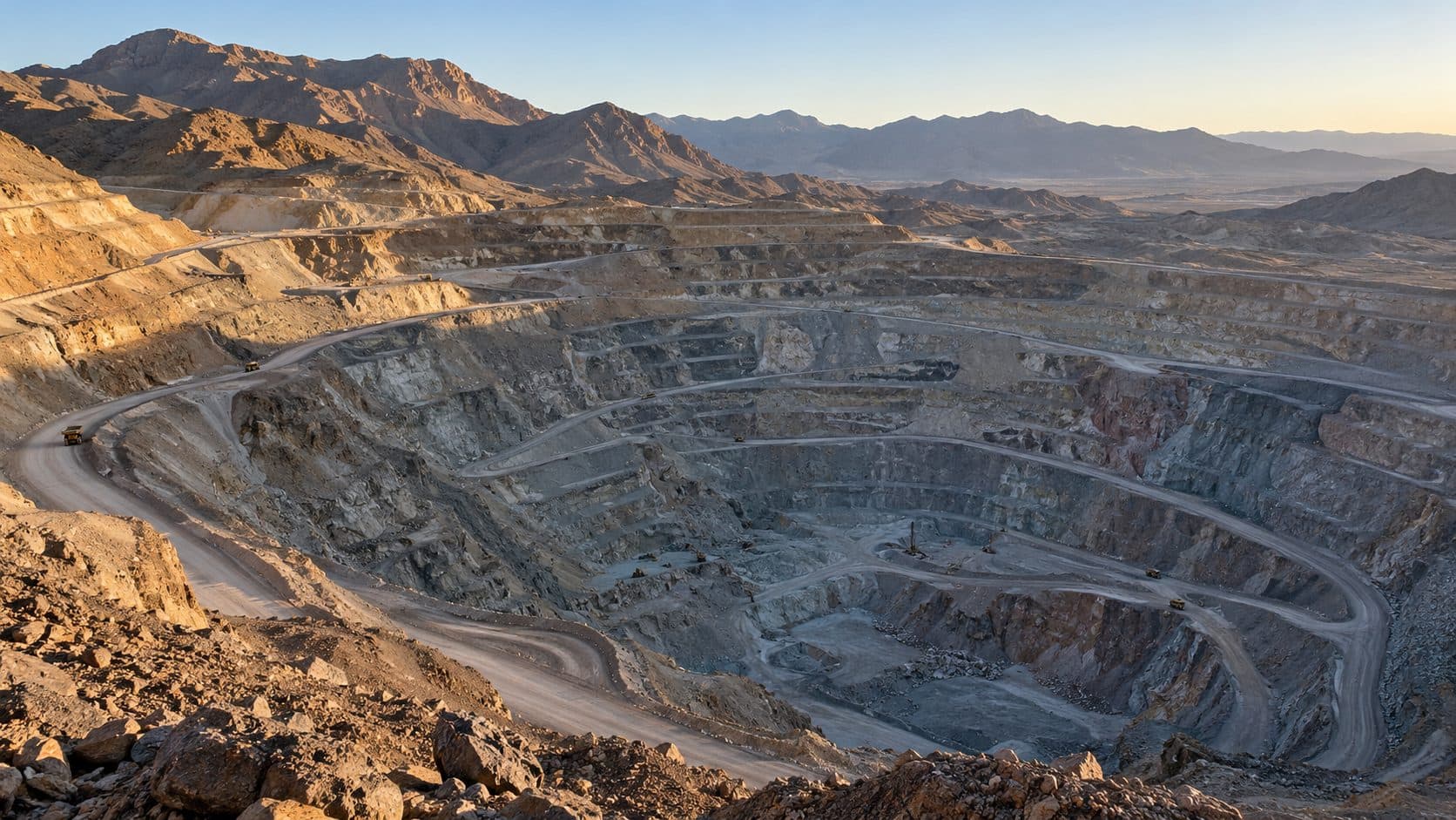 Terraced benches of an open-pit mine at early morning