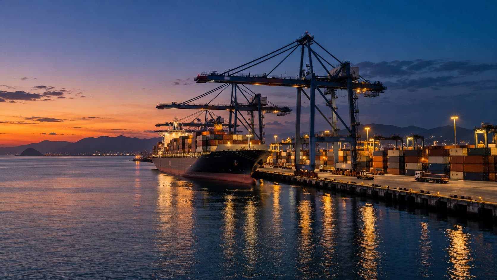 Container port at dusk